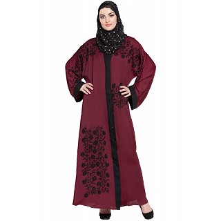 Front open embroidered Dubai abaya- Maroon